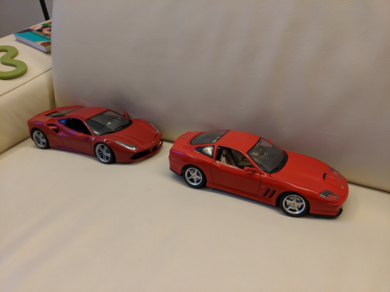 My LALD contribution: 20 years of progress in BBurago 1:18 models. The 488 gifted by relatives to the kiddo has stunning improvements in realism and detail compared to my very own 550 from 20 years ago.